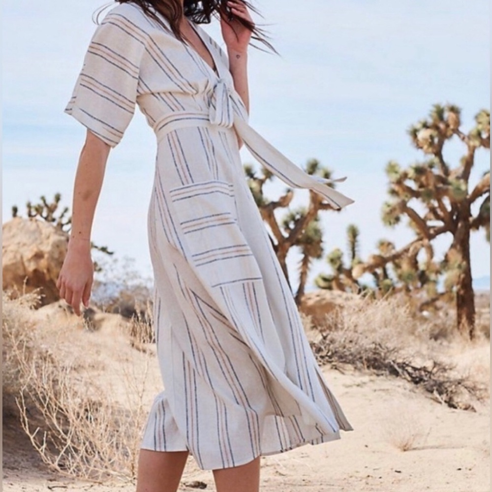Happy Nature Linen Blend Striped Midi Dress Size 0 Patch Pockets Tie Bodice